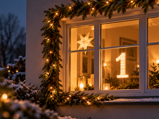 Ein festlich erleuchtetes Fenster bei Dämmerung, umrahmt von einer Tannengirlande mit Lichterketten. Im Inneren hängen eine leuchtende Stern-Dekoration und eine große, beleuchtete Zahl Eins. Schnee liegt auf dem Fensterbrett und den Büschen im Vordergrund.